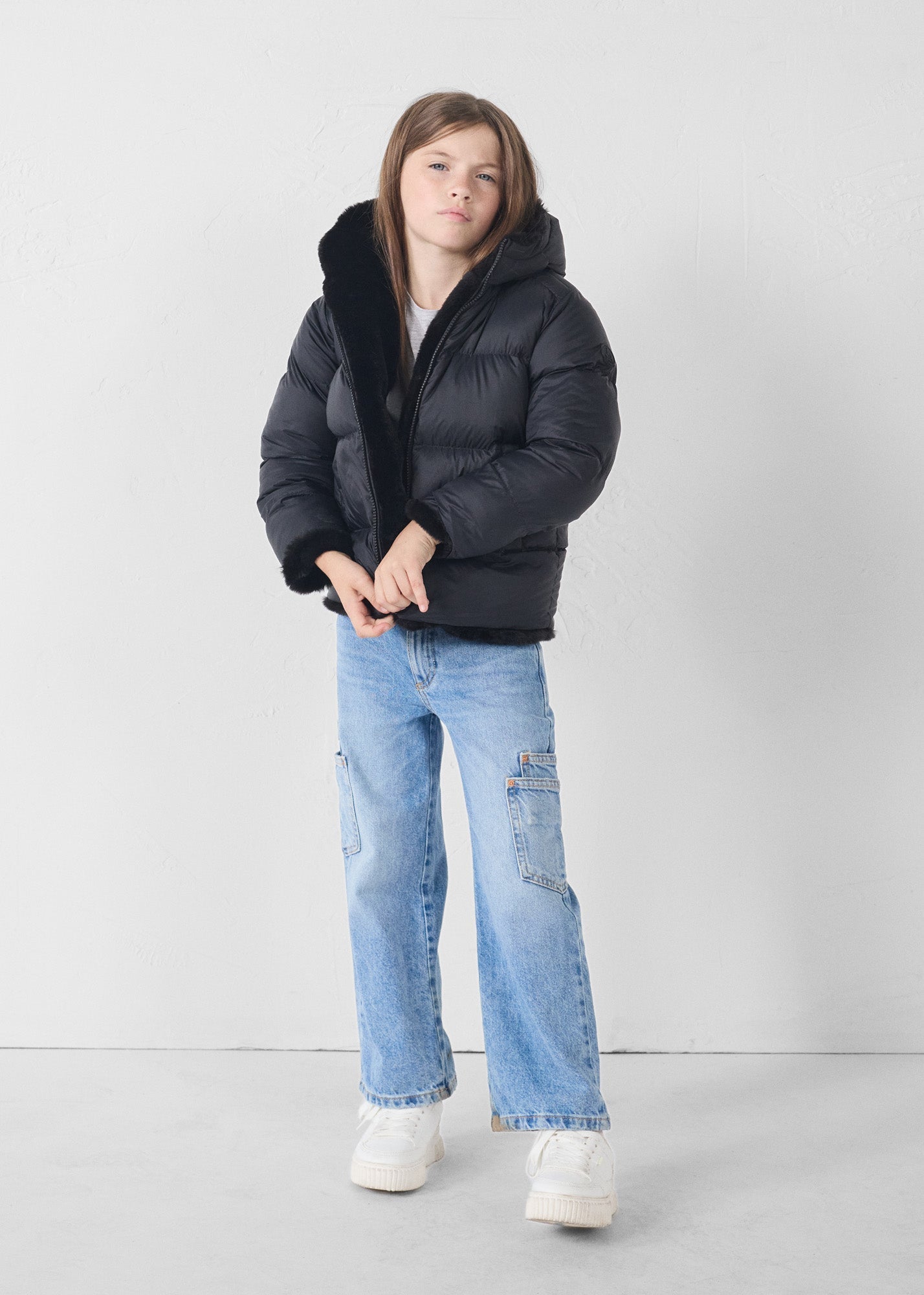 Doudoune enfant en fausse fourrure à capuche Noir Agathe