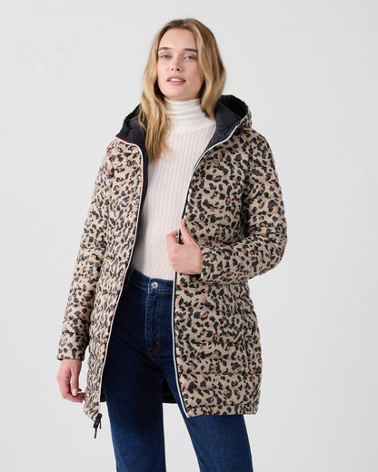 Doudoune longue réversible Noir/leopard beige Verone print